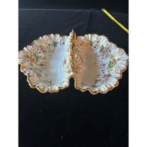 Antique Hand Painted Porcelain Divided Relish Dish Floral & Heavy Gold Trim 15"